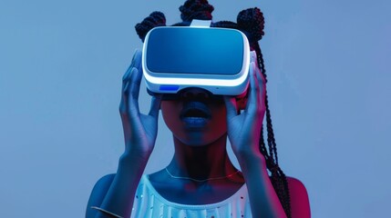 An African-American woman wearing VR-glasses in neon light on a blue background. Concept of human emotions, facial expressions and modern gadgets.