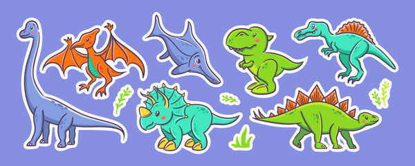 Obraz premium Set of cute dinosaurs in Asian kawaii style. Tyrannosaurus rex, stegosaurus, triceratops, pterosaur, spinosaurus, ichthyosaur, diplodocus. Prehistoric predatory lizard, mascot. Cartoon character