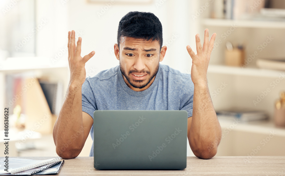 Aufkleber Frustrated, man and laptop with anxiety in home office for remote work, connection issue and glitch. Confused, web designer and tech with stress for internet crash, SEO problem and network error