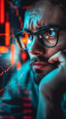 A professional with a stressed expression and financial charts overlay, symbolizing market pressure