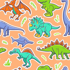 Seamless pattern of cute dinosaurs in Asian kawaii style. Tyrannosaurus rex, stegosaurus, triceratops, pterosaur, spinosaurus, ichthyosaur, diplodocus. Prehistoric predatory lizard for wrapping