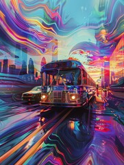 Obraz premium Psychedelic Cityscape - A surreal cityscape with a bus driving through a psychedelic, liquid-like street - A surreal cityscape with a bus driving through a psychedelic, liquid-like street