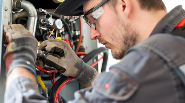 Un &eacute;lectricien portant des gants et des lunettes de protection travaillant sur des fils &eacute;lectriques dans un tableau.