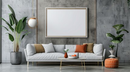 Modern interior with wooden picture frame mockup on wall. Horizontal artwork template mockup for artwork, paintings, photos or posters.