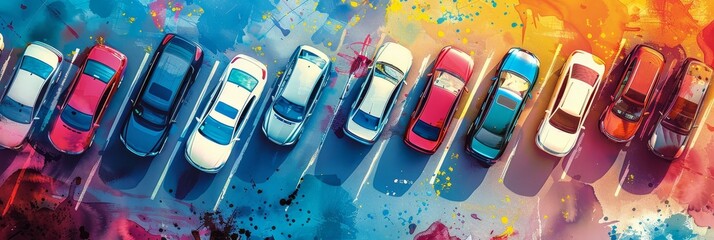 Colorful Cars in Parking Lot - A vibrant illustration of parked cars in a parking lot with bright, colorful splashes and drizzles behind the vehicles. - A vibrant illustration of parked cars in a park