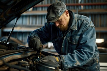 Obraz premium Mechanic in denim overalls and cap attentively maintains vehicle engine