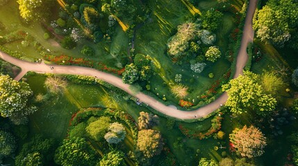 Aerial view of beautiful park with pathway and green trees during daytime