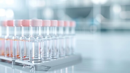 Close-up of test tubes with pink caps in a laboratory setting, used for medical or scientific research and experiments, blurred background.