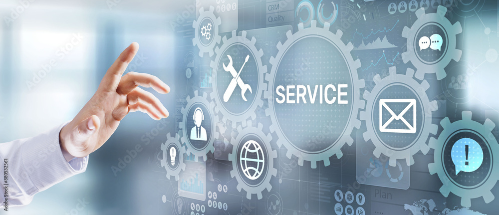 Poster service support customer help call center business technology button on virtual screen.