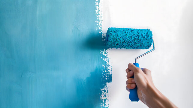 Une main qui peint un mur en bleu &agrave; l'aide d'un rouleau &agrave; peindre.