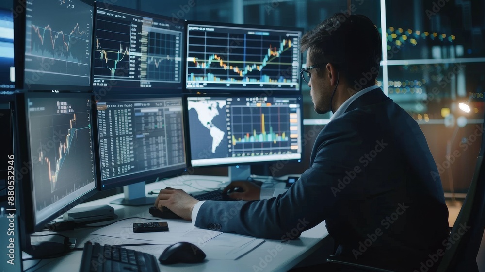 Poster in technology, finance, operations, sales, and marketing, analysts use computer systems and dashboar