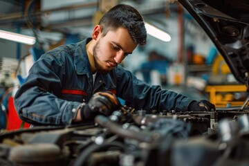 Young mechanic in uniform fixing a car engine in auto repair shop