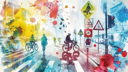 Obraz premium Watercolor Cityscape with Cyclists and Traffic Signs - A vibrant watercolor painting depicting a city scene with cyclists crossing a street intersection, traffic signs, and a colorful background. - A 