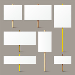 Blank white protest sign with wooden holder. Various realistic vector demonstration banners. Strike action cardboard placard mockup. Social advertisement. Vector illustration