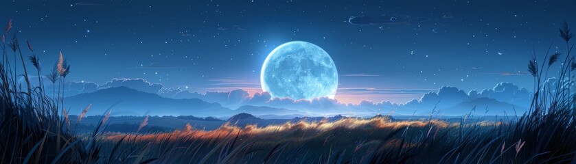 A peaceful night landscape featuring a glowing full moon and a field of gently swaying tall grasses