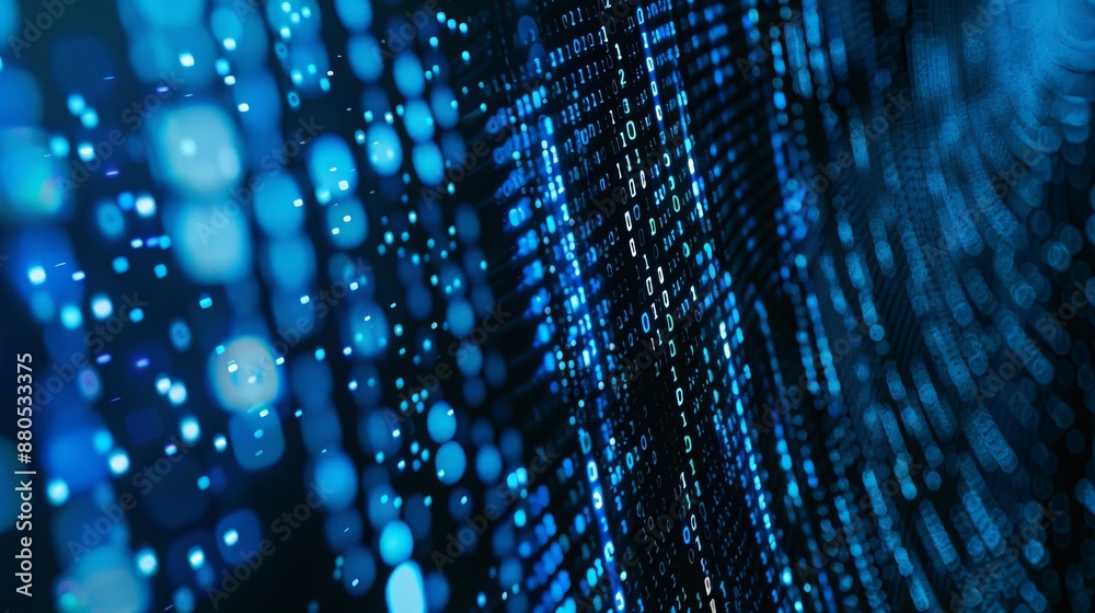 Poster data in blue digital binary on a computer screen