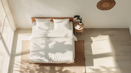 Minimalist bedroom with white bed and sunny ambiance