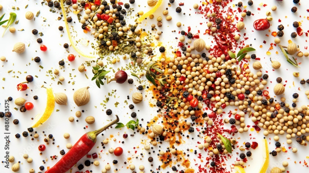 Poster a variety of spices displayed on a white table, ideal for use in recipe illustrations and food photo