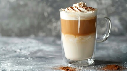 Cappuccino coffee with milk foam sprinkled with cinnamon in a horizontal glass mug, grey background