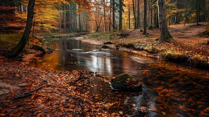Serene Autumn Creek - A tranquil creek flows through a vibrant autumn forest, surrounded by colorful leaves and trees. - A tranquil creek flows through a vibrant autumn forest, surrounded by colorful 