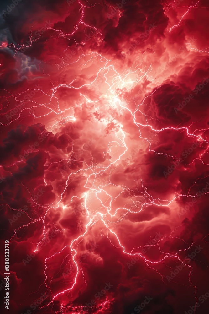 Fototapete a dramatic view of a red sky with lightning illuminating the dark clouds, perfect for use in weather