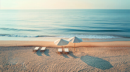Obraz premium Sandy Beach with Umbrellas and Sunbeds at Sunrise