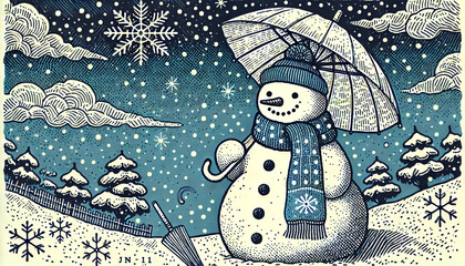 Illustration of a snowman with an umbrella under a winter night sky