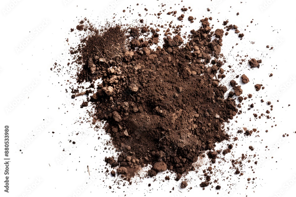 Poster a compact pile of dirt on a clean and white surface, ideal for use in illustrations about pollution,
