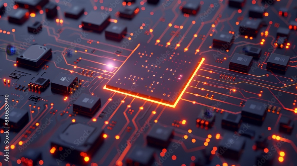 Poster digital binary data rendering on a microchip with glow circuit board background. concept for deep ma