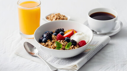 Healthy Breakfast with Granola, Berries, and Coffee