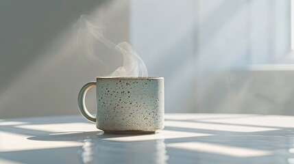 Steaming Ceramic Coffee Mug on Sunlit Table