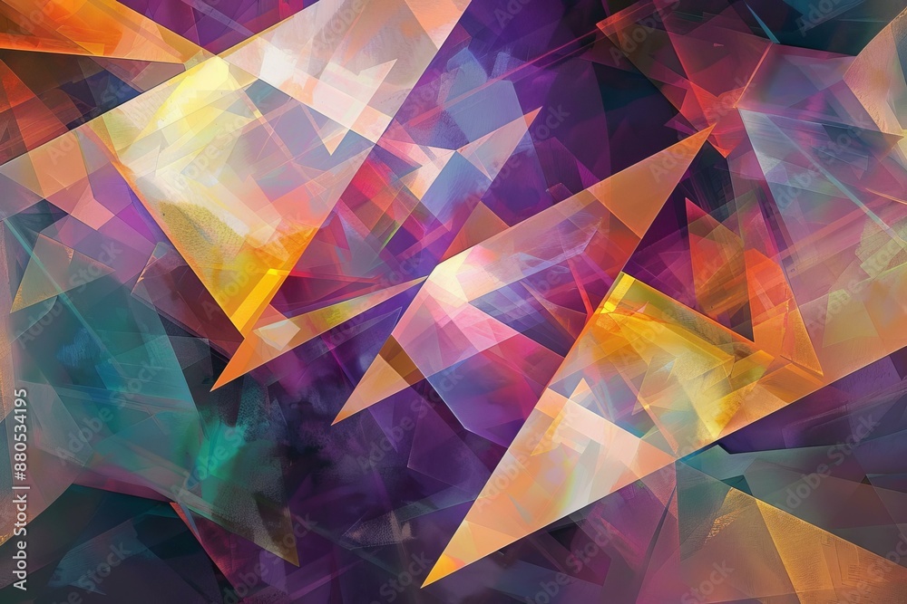 Poster abstract geometric background featuring overlapping triangles, creating a dynamic and vibrant compos