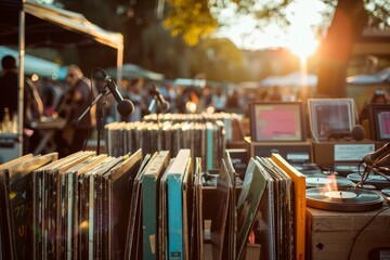 Retro-Inspired Music Festival with Vinyl Records and Vintage Microphone