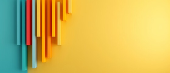 Colorful abstract geometric background with overlapping vertical lines in teal, red, yellow, and orange shades against a yellow backdrop.