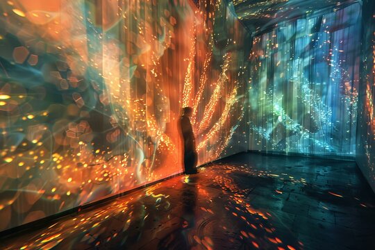 Man is standing in a dark room with an immersive, colorful abstract digital projection mapping art installation