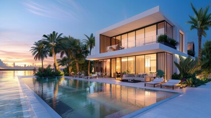 Fototapeta premium This luxury home features a modern pool at sunrise, a modern villa architecture, a resort-style hotel with beautiful interiors and exteriors, and a view of the backyard.