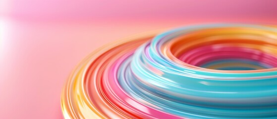 Obraz premium Colorful abstract spiral pattern with vibrant rainbow hues, creating a dynamic and eye-catching design on a soft pink background.