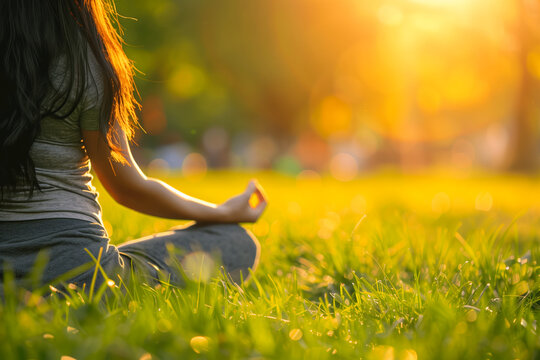 Woman meditating on grass with sunlight filtering through trees