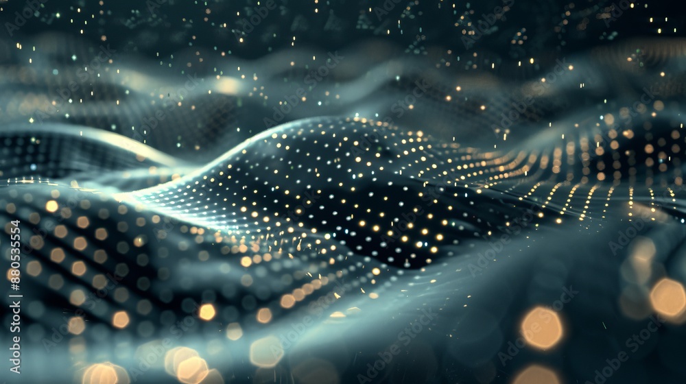 Poster a wave of music. an abstract background interspersed with dots and lines. this is a 3d rendering.