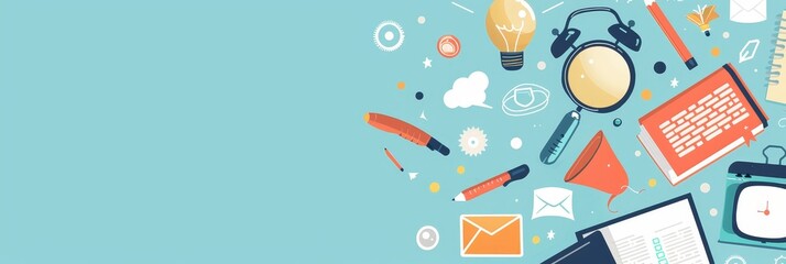 Colorful Illustration of Learning and Creativity - A vibrant and abstract illustration depicting the concept of learning and creativity with various colorful objects like books, pencils, and lightbulb