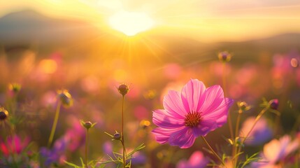 Wildflower floral background, landscape with purple and pink flowers in a soft pastel and blurred background.