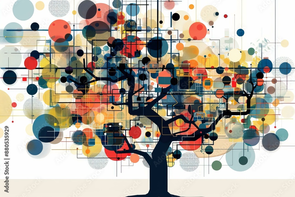 Poster abstract tree growing with colorful circles representing data connection, big data, internet and mod