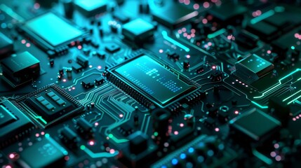 Obraz premium Background of a digital PCB (printed circuit board) in blue and green colors. 3D illustration background.