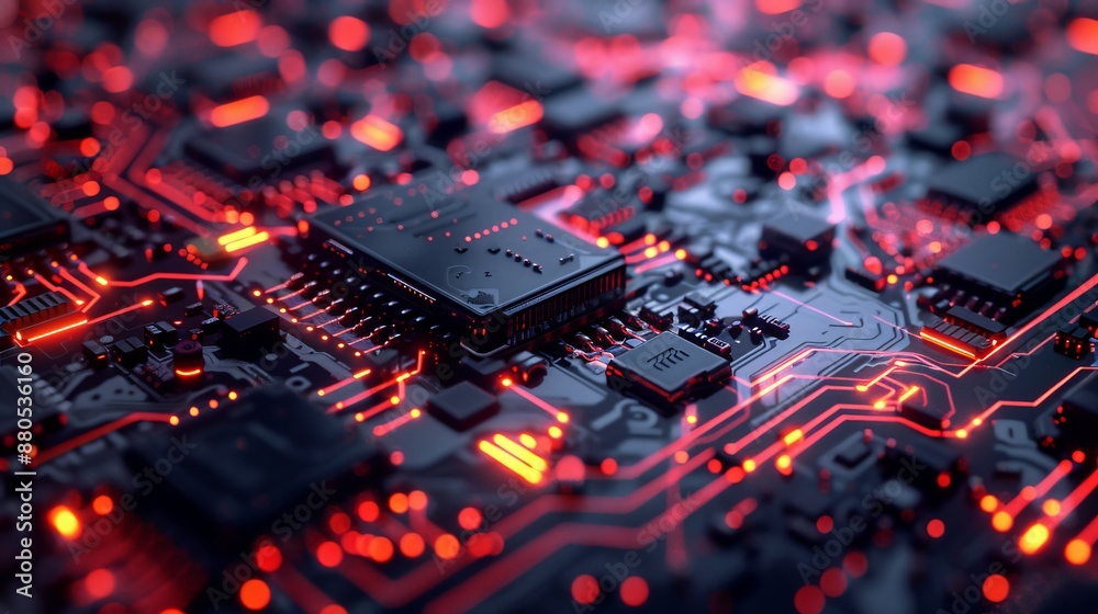 Poster 3D render of a printed circuit board background with bokeh and depth of field. internet connections, cloud computing, neural networks, big data.