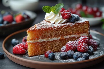 A serving of medovik, Russian honey cake, with a side of whipped cream and fresh berries. 