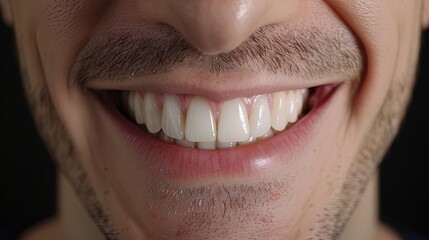 Obraz premium Close-up of a smiling man's mouth with clean white teeth and a beard. Dental care and hygiene photography for design and print. Health and wellness concept.