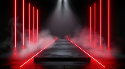 Illustration of a fashion show runway, red lights and neon lamps in smoke, black background, long podium perspective, focus cover all object
