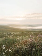 Fototapeta premium Golden Hour Landscape with Foggy Hills - A serene landscape captured during sunrise with rolling hills covered in fog and a field of wildflowers in the foreground. - A serene landscape captured during