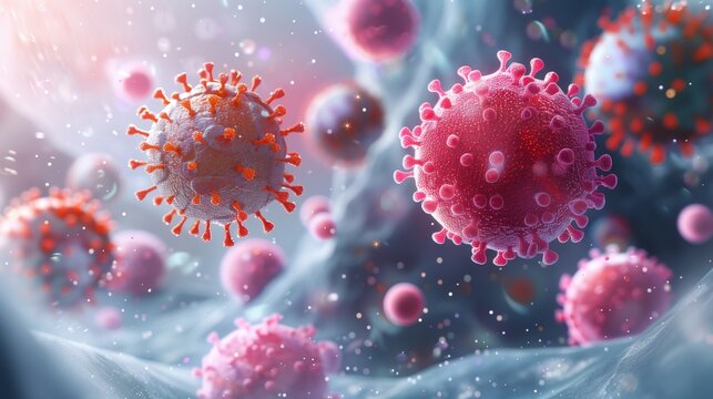 3D rendering of a stylized background showing virus and cancer cells in a closeup view