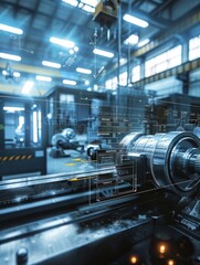 Fototapeta premium Industrial Automation: Modern Machinery, High-Tech Manufacturing - A close-up shot of a machine in a modern industrial factory. The image showcases advanced manufacturing processes and automation tech